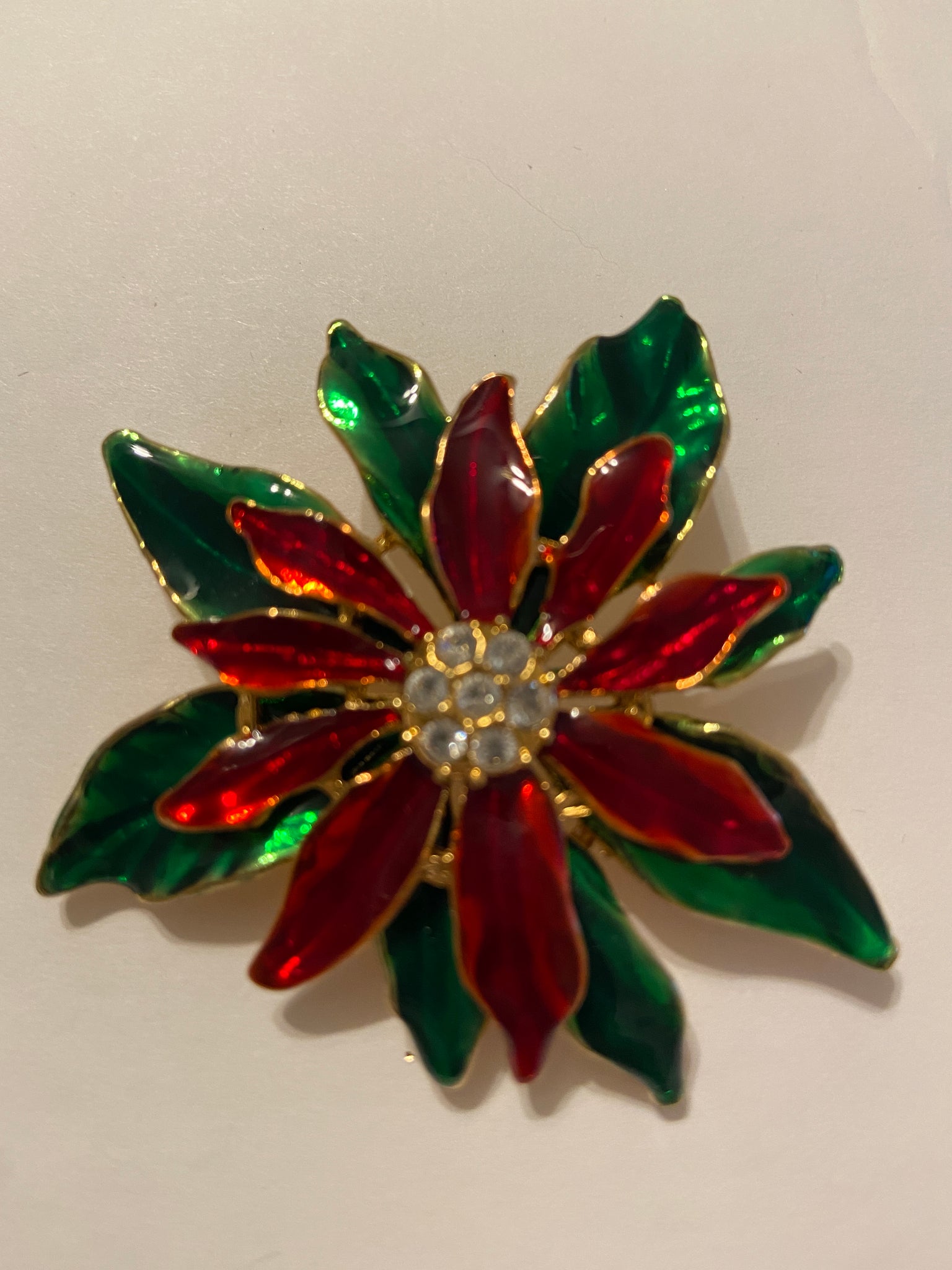 Beautiful Enamel and Rhinestone Pointsettia Gold plate Brooch