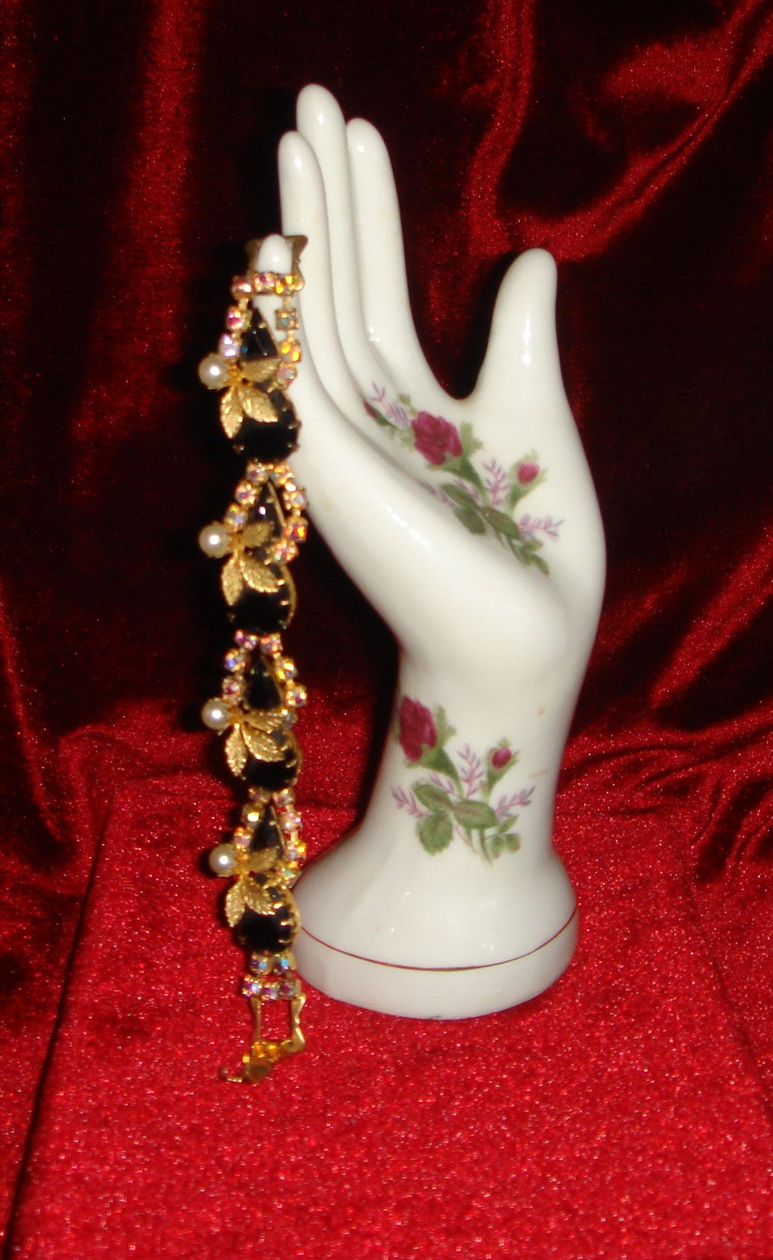 WEISS - Bracelet & Brooch!- Jet - Aurora Borealis crystal - Pearl (faux) - gold tone leaves