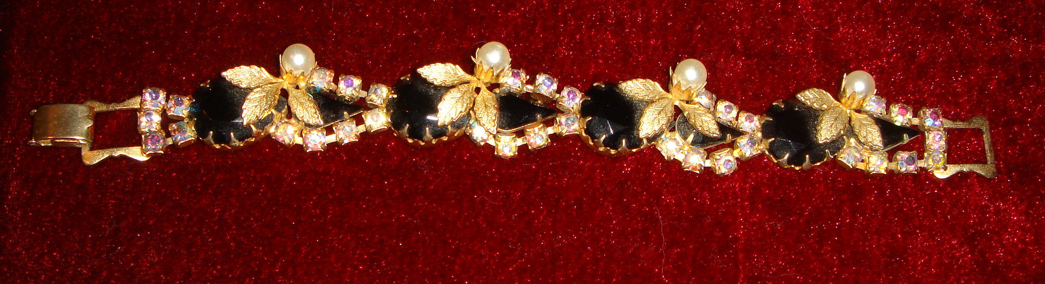 WEISS - Bracelet & Brooch!- Jet - Aurora Borealis crystal - Pearl (faux) - gold tone leaves