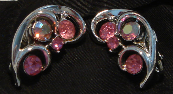 Coro! Rhodium set Pink Aurora Borealis Clip on Earrings!
