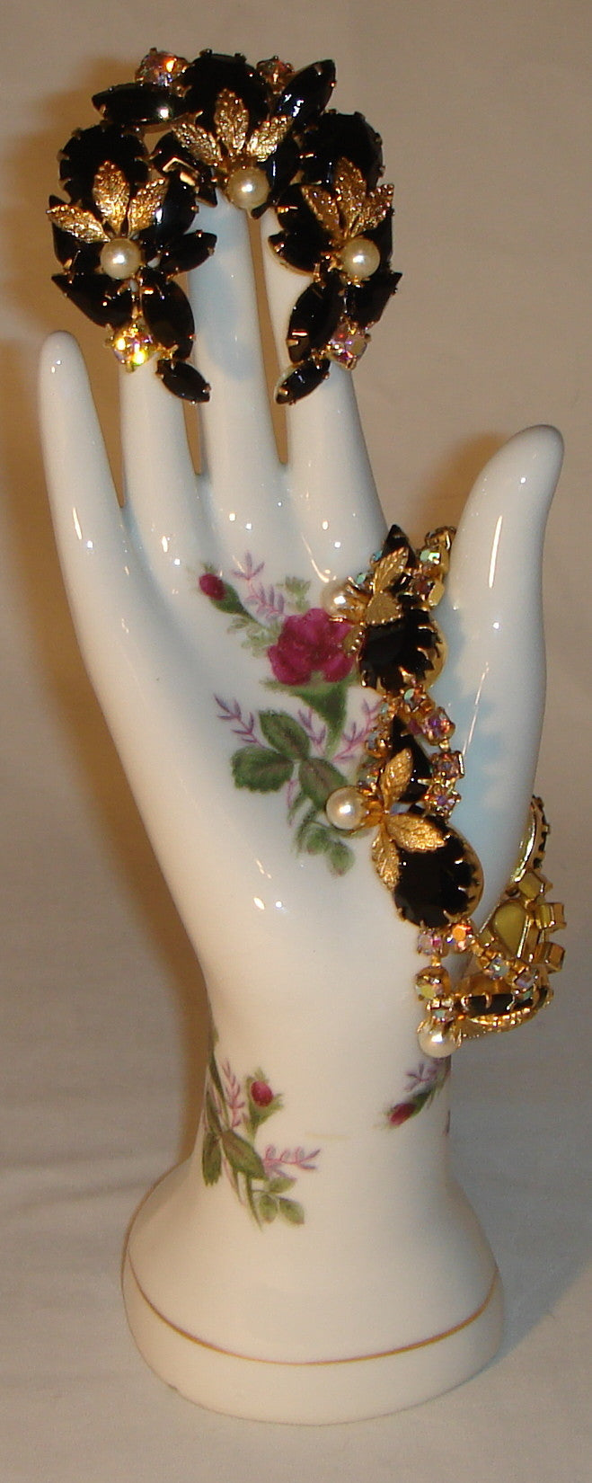 WEISS - Bracelet & Brooch!- Jet - Aurora Borealis crystal - Pearl (faux) - gold tone leaves