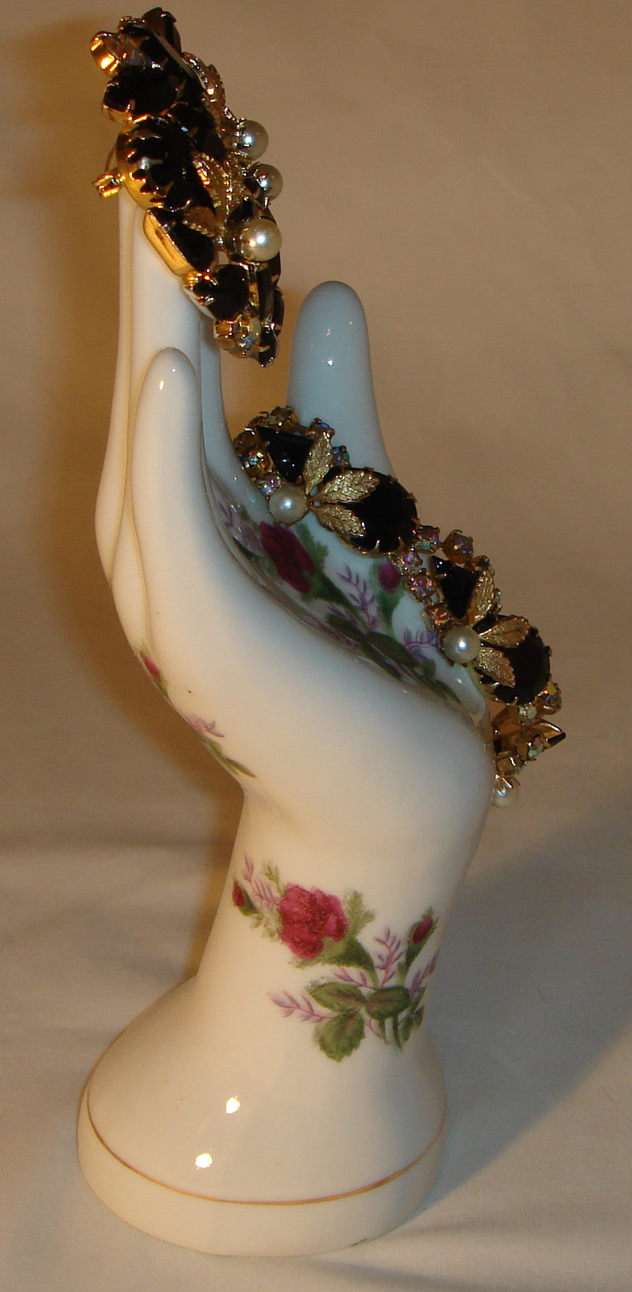 WEISS - Bracelet & Brooch!- Jet - Aurora Borealis crystal - Pearl (faux) - gold tone leaves