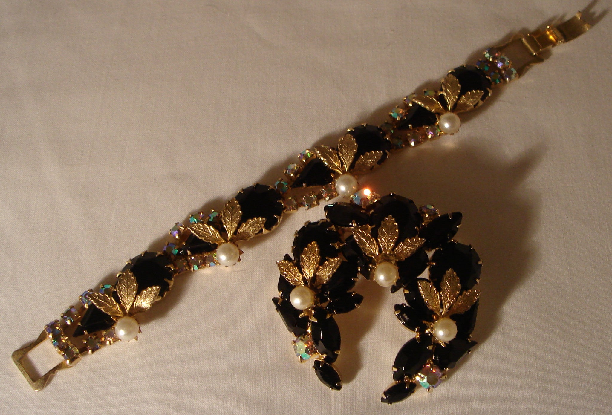 WEISS - Bracelet & Brooch!- Jet - Aurora Borealis crystal - Pearl (faux) - gold tone leaves