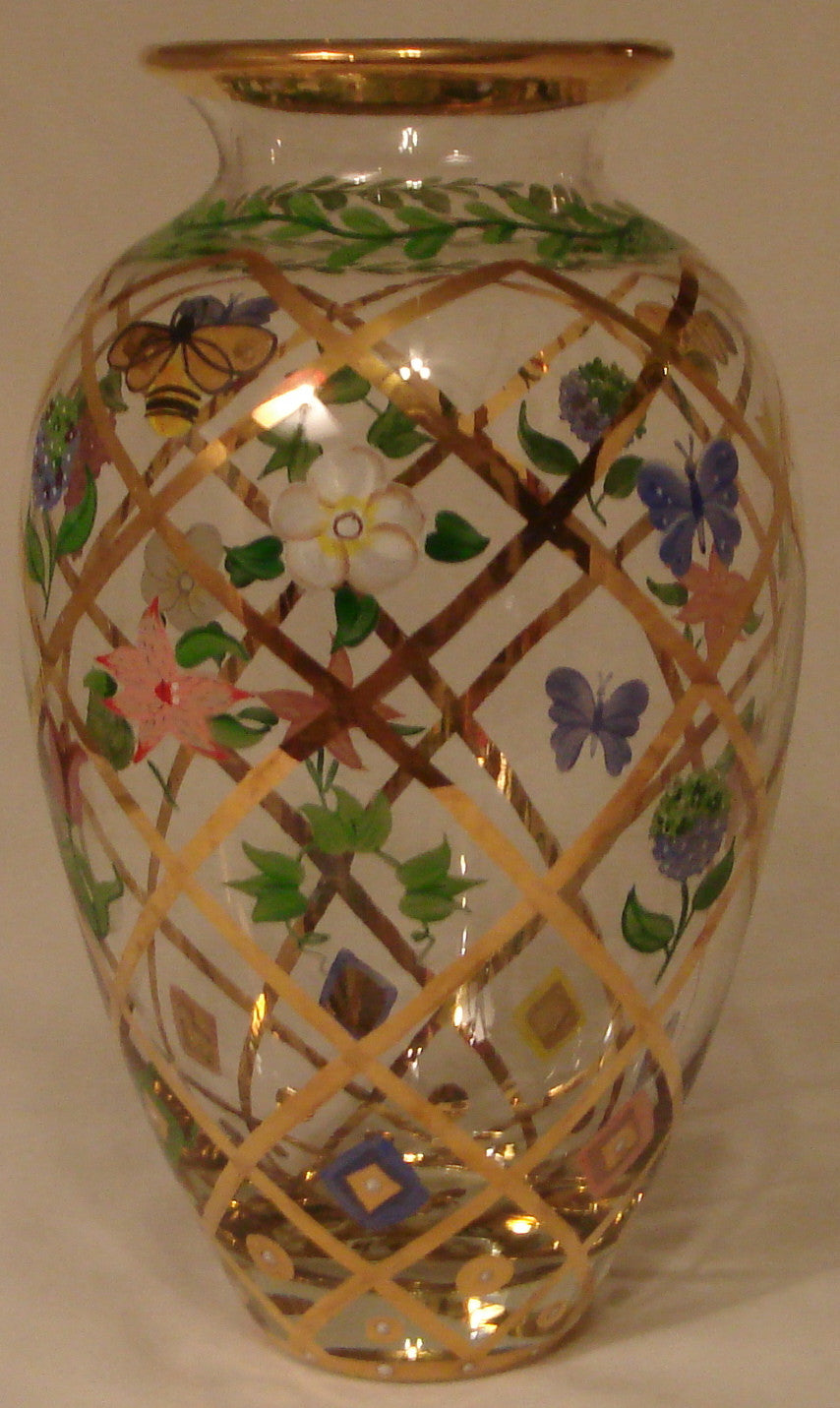 "Bees & Flowers on Trellis" Large Glass Vase