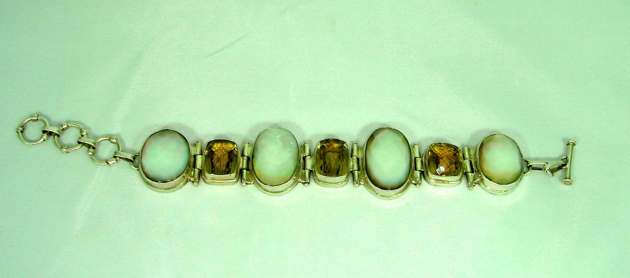 1930's Art Deco Sterling Silver Natural Citrine and Mother of Pearl Bracelet.