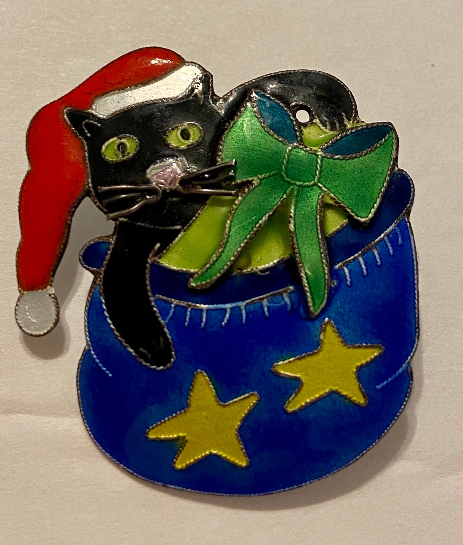 Enamel Black Cat in Santa Hat in a Christmas Sack