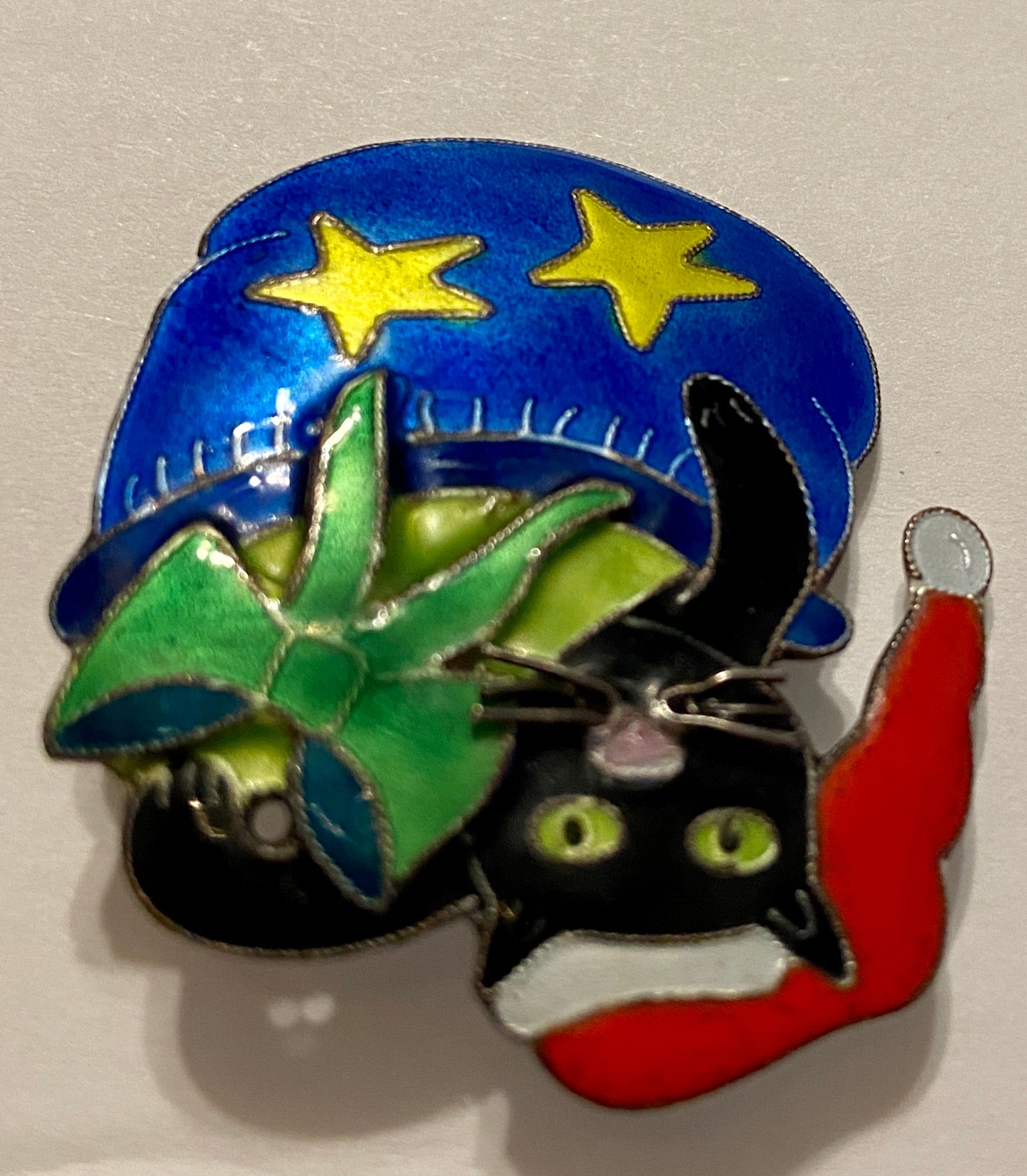 Enamel Black Cat in Santa Hat in a Christmas Sack